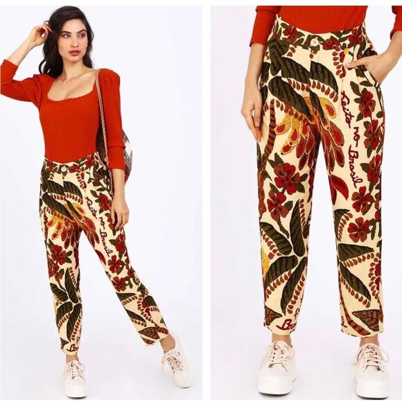 FARM RIO Linen Blend Handmade Tropical Ankle Pants Sz L $188 {J29} - Picture 1 of 6